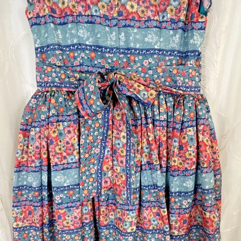 Confecciones Ruth Girls Blue Pink Floral Smocked Tiered Maxi Dress Flutter Sz 1
